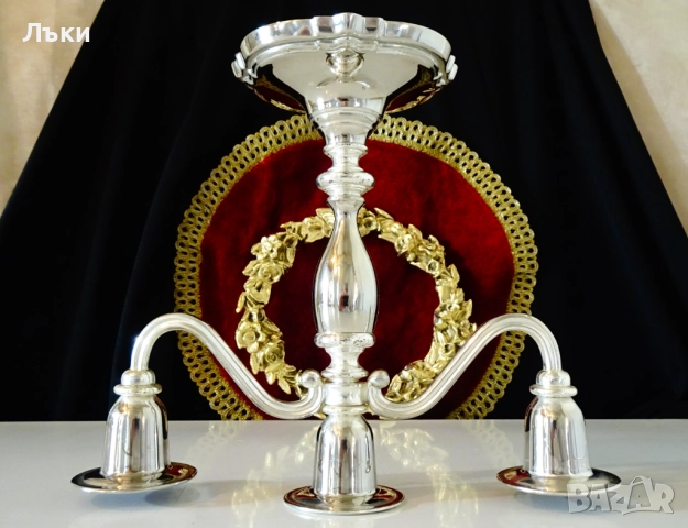 Посребрен троен свещник,викториански свещник тройка. , снимка 6 - Антикварни и старинни предмети - 52978491