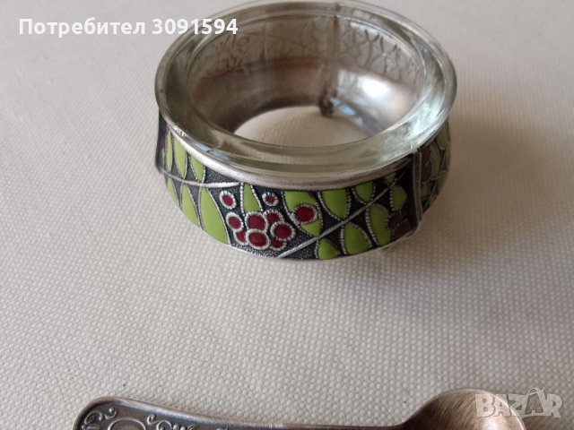 Руски мелхиорен съд за хайвер ,сол,със  емайл оригинална лъжичка, снимка 6 - Антикварни и старинни предмети - 41610950