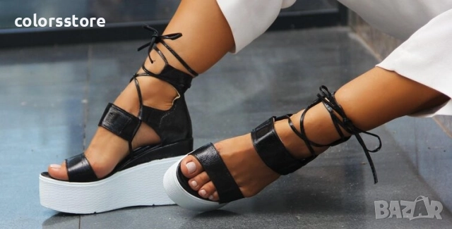 Сандали на платформа - черна кожа с бяло ходило - 307 , снимка 2 - Сандали - 51437081