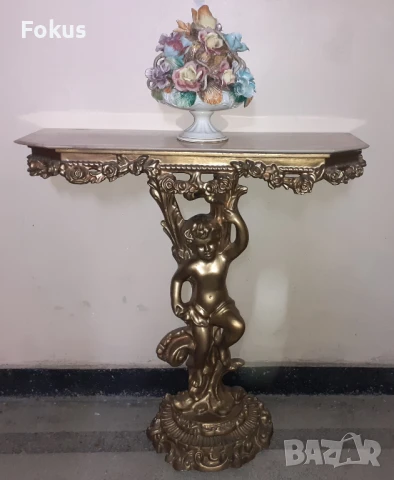 Страхотен бароков комплект дървена конзолна масичка с рамка, снимка 3 - Антикварни и старинни предмети - 50989458