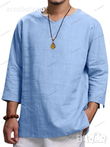 Ликвидация! Мъжка широка памучна ленена риза с V деколте и дълъг ръкав, 4цвята - Доставка 24 часа , снимка 2 - Ризи - 44838751