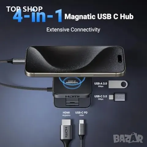 Нов Магнитен USB-C Hub UGREEN с HDMI, USB-A, 100W PD, Компактен и Сгъваем, снимка 2 - Друга електроника - 49443984