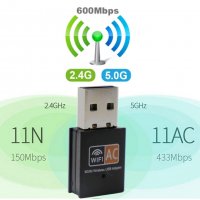 Мини USB Wifi адаптер 600Mbps с AC стандарт 2.4GHz-5GHz 802.11a/b/g/n/ac, снимка 4 - Мрежови адаптери - 35286110