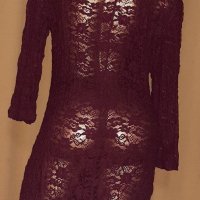 MONGUL M/L Дантелена, прозрачна рокля бордо с дълъг ръкав , снимка 4 - Рокли - 34853367
