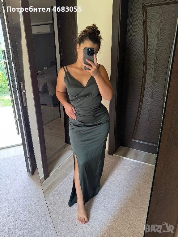 Елегантна сатенена рокля в маслиненозелено, снимка 1