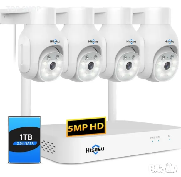 Hiseeu 5MP безжична PTZ система IP66  4 бр. WiFi камери,1TB твърд диск, 4K 10CH NVR, 2-посочно аудио, снимка 1