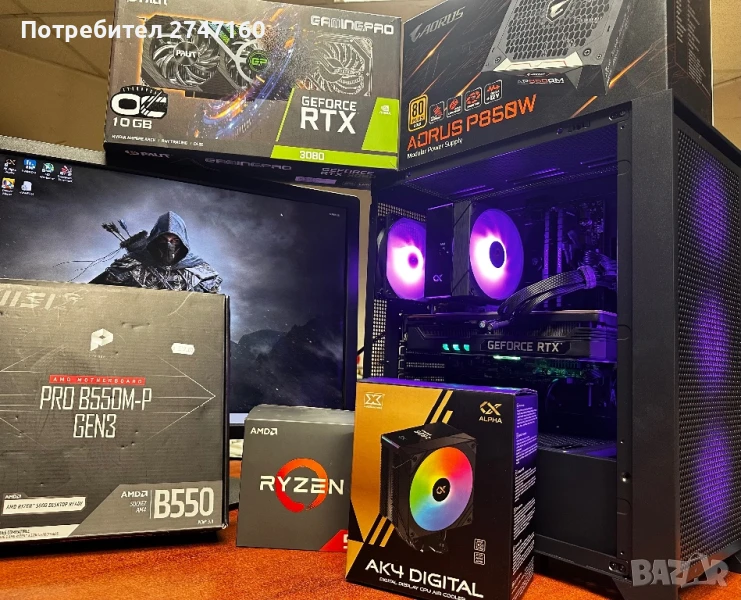 Геймърски компютър, full hd/2k, Ryzen 5, rtx 3080, 16gb, nvme, снимка 1