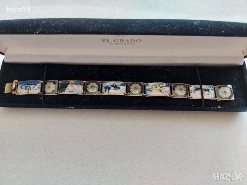 Прекрасна дамска сребърна гривна с емайл.(ръчно рисувани емайлирани плочки-гилеше емайл), снимка 1