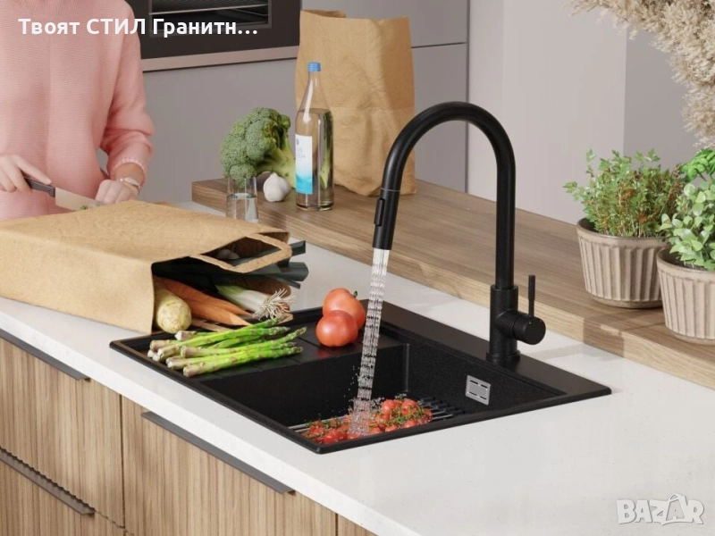 Черна гранитна кухненска мивка Сидни 620-45 Ergo Multilevel 620х500, снимка 1