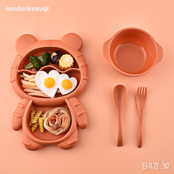Комплект детски прибори за хранене, с анимационен тигър, тава за храна, купа за супа, вилица и лъжиц, снимка 1
