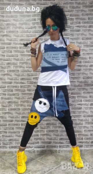 Чаровни дамски дънкови потури и тениска с деним в див сет!, снимка 1