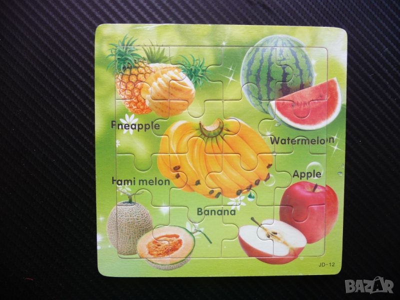 Дървен пъзел плодове за най-малките играчка банани ябълка диня ананас, снимка 1