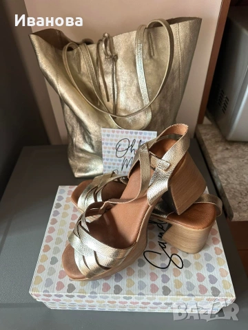 Дамски сандали Gabina/Oh, my sandals и златиста чанта-торба естествена кожа, снимка 2 - Сандали - 53755296