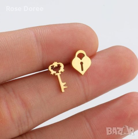 RD 432 Обеци Ключ към сърцето в златисто медицинска стомана безплатна доставка подарък, снимка 1