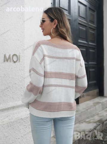 Дамски раиран пуловер с V-образно деколте и паднал ръкав, 2цвята , снимка 11 - Блузи с дълъг ръкав и пуловери - 39633202