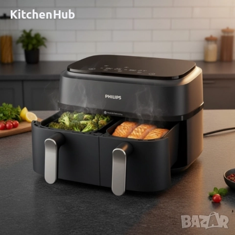 Philips Airfryer 3000 Series Dual Basket - 9L, 2750W, RapidAir технология, 2 независими кошници