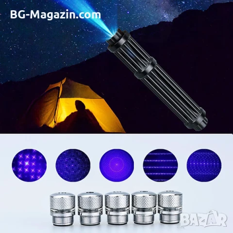 Мощен акумулаторен син лазер 5000mW батерии 18650 предпазни очила горящ палещ клечка кибрит балон, снимка 6 - Друга електроника - 51040547