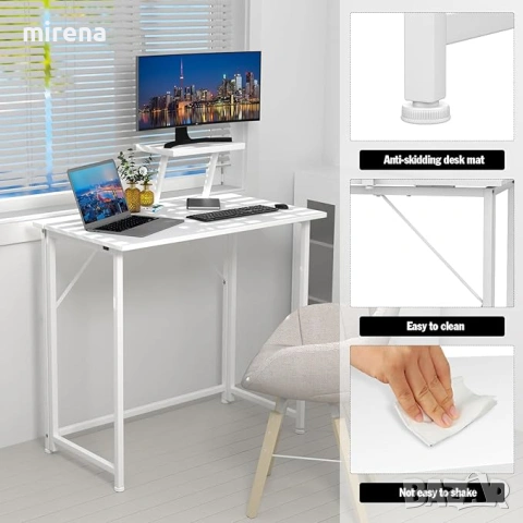 Сгъваема маса със стойка за монитор, бяла, компютърна 80 x 45 x 75 см,, снимка 6 - Бюра - 53358316