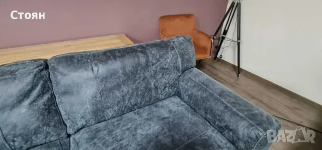 Сив кожен комплект тройка и фотьойл - телешки бокс, снимка 5 - Дивани и мека мебел - 50059154