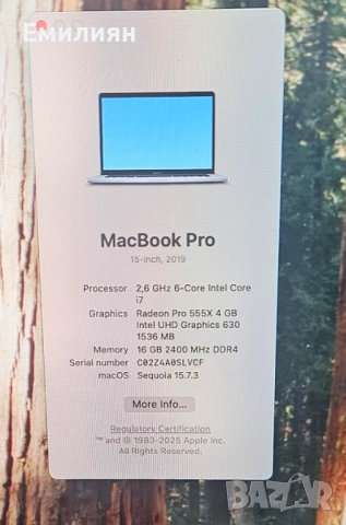 Macbook Pro 15 2019 SixCore  16GB, 4Gb AMD Video, снимка 2 - Лаптопи за игри - 53642375