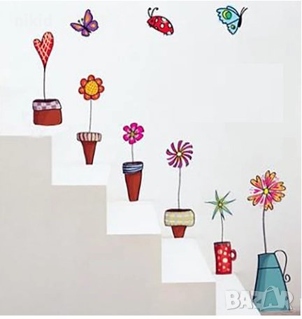 стикер лепенка за стена прозорец кухня цветя в саксии и вази с пеперуди самозалепващ, снимка 5 - Декорация за дома - 14624386