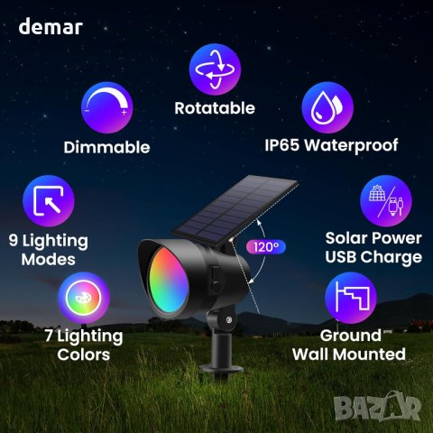 ALUSSO LIGHTING Соларни прожектори на открито, 7 цвята, IP65, 2 броя, снимка 2 - Соларни лампи - 44211743