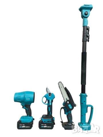 Комплект 4в1 акумулаторен инструмент - духалка, лозарска ножица, резачка 15 см с маслен филтър