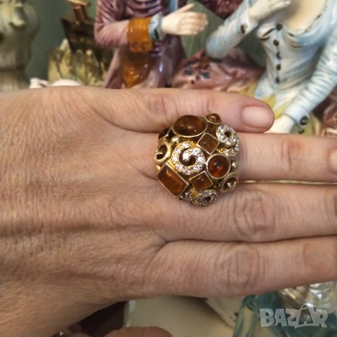 Oxette масивен сребърен пръстен с позлата и кехлибар , снимка 6 - Пръстени - 41469792