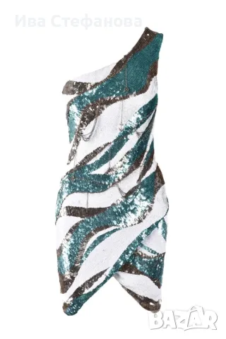  Elisabetta Franchi One-Shoulder Sequin къса парти официална коктейлна рокля пайети аквамарин , снимка 4 - Рокли - 46868543