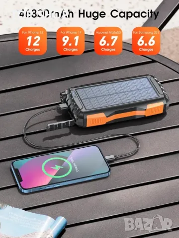 Соларна външна батерия 46800mAh, 3 порта, PD18W QC 3.0 с фенерче, водоустойчива, снимка 3 - Външни батерии - 49866451