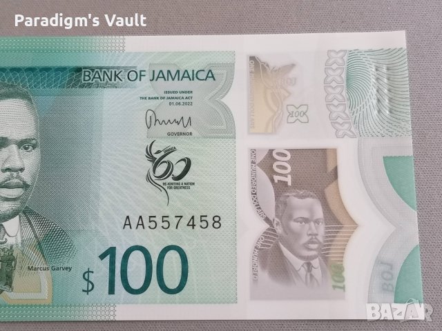 Банкнотa - Ямайка - 100 долара UNC (юбилейна) | 2022г., снимка 3 - Нумизматика и бонистика - 41772091