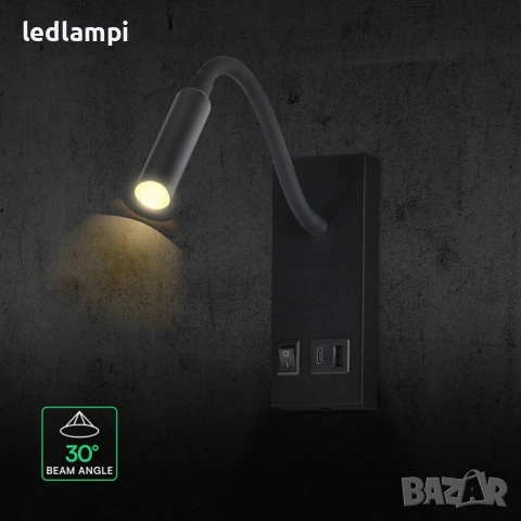 LED Аплик 3W С USB/PD Порт Черен Топло Бяла Светлина, снимка 4 - Лампи за стена - 44972723