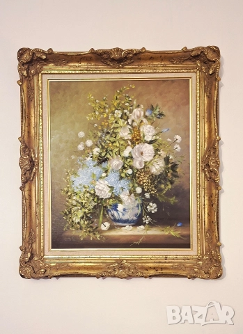 Картина натюрморт с цветя - масло върху платно, в барокова рамка