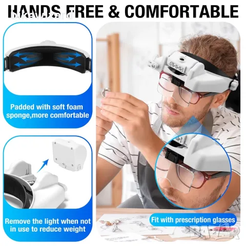 Лупа с лента за глава 1–14x, акумулаторна, hands-free, 6 сменяеми лещи, LED светлина НОВО, снимка 2 - Други инструменти - 55825504