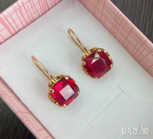 Руски златни обеци със синтетичен рубин, снимка 3 - Обеци - 47061362