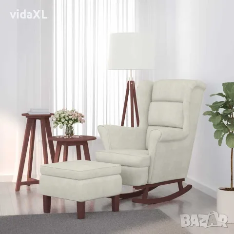 vidaXL Люлеещ се стол с облегалка, кремав кадифе и масивно дърво, снимка 2 - Столове - 56146569