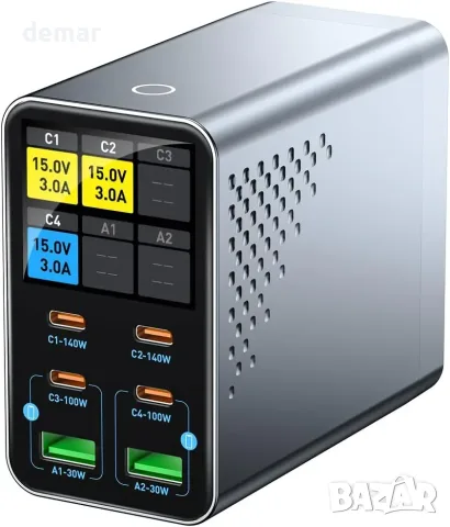 Настолна GaN зарядна станция с 6 порта и LCD дисплей, USB-C до 140 W
