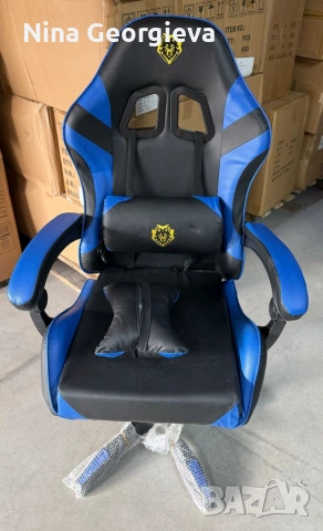 Ергономичен геймърски стол с масажна функция и поставка за крака – черно-син, снимка 2 - Столове - 53849944