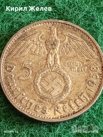 Сребърна монета 5 райхсмарки 1938г. Германия Трети Райх с Свастика за КОЛЕКЦИОНЕРИ 50945, снимка 5 - Нумизматика и бонистика - 53617580