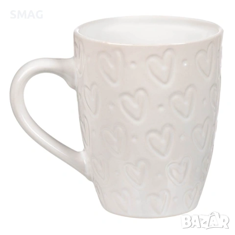Керамична овална чаша бяла с релефен дизайн сърца – 350 мл_1204677, снимка 2 - Чаши - 53414785