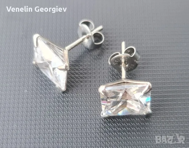 Сребърни обици с квадратни циркони, 10мм/10мм. Проба 925, снимка 2 - Обеци - 49832218