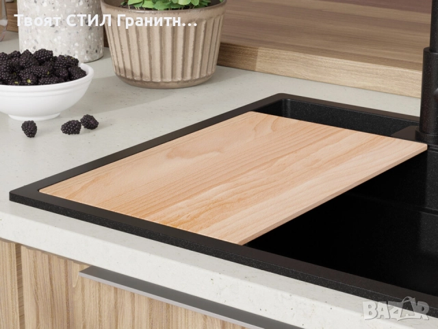 Черна кухненска мивка за вграждане Берген 60 Double Pocket 560x540 мм, снимка 3 - Мивки - 51719358