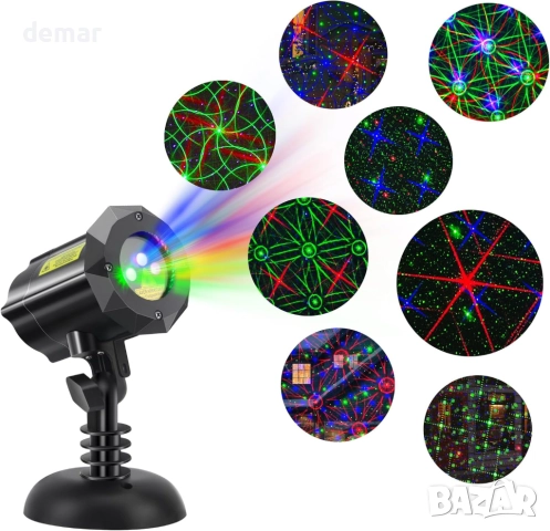 Коледен проектор, 8 празнични модела, за открито/закрито, дистанционно