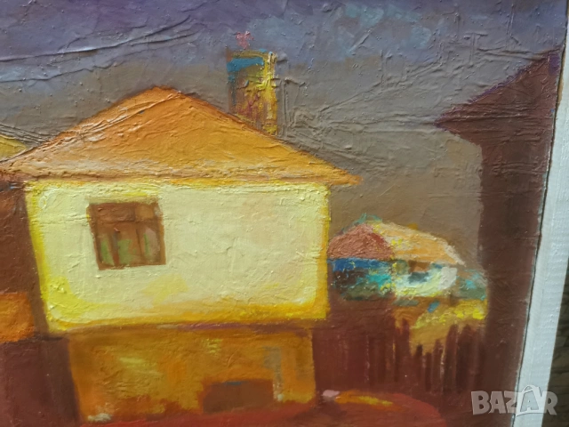 АВТОРСКА МАСЛЕНА КАРТИНА - СОЗОПОЛСКИ КЪЩИ, снимка 3 - Антикварни и старинни предмети - 53731011