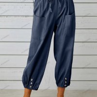 Памучно-ленени широки дамски панталони с висока талия, 10цвята - 023, снимка 2 - Панталони - 41579956