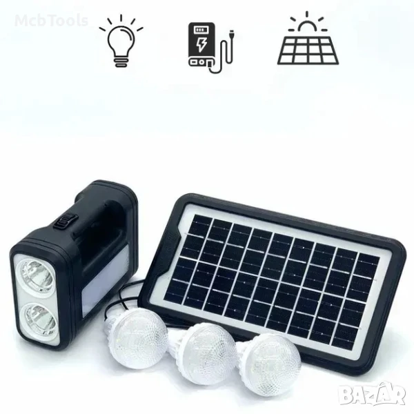 Комплект соларна система, фенер, 3 led крушки, соларен панел, акумулаторна батерия, снимка 1
