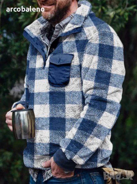 Мъжки кариран пуловер с мек полар, 2цвята - 023, снимка 1