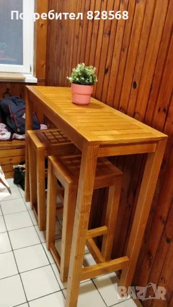 Бар маса с два бар стола от естествен Чам, снимка 1
