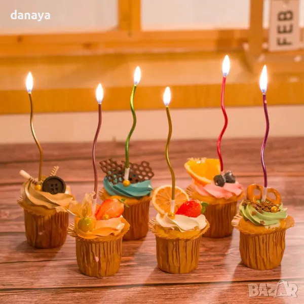 5756 Комплект шарени спираловидни свещи за торта, 6 броя, снимка 1