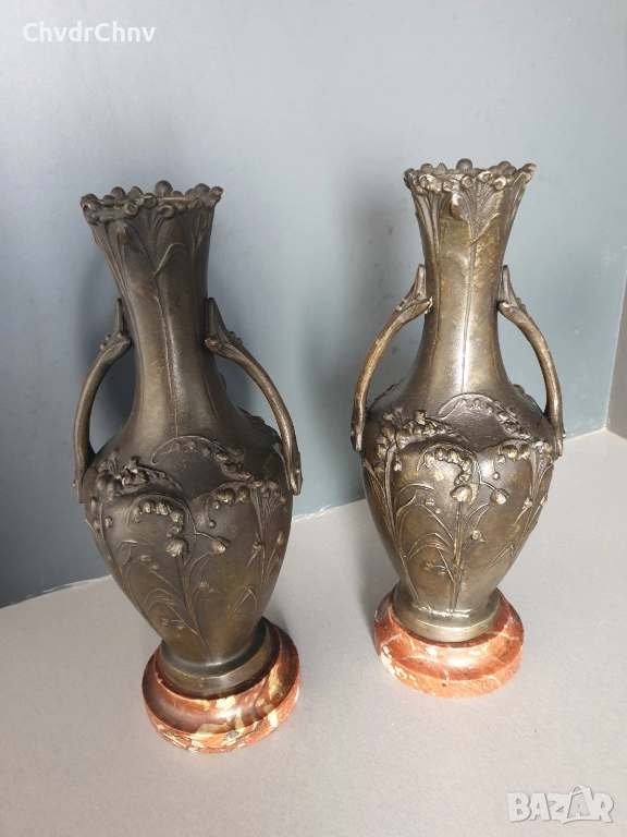 Франция 1800-те/2бр фигурални вази 32см-4кг/стари френски пиедестални вази с дръжки/ЦАМ-мрамор, снимка 1